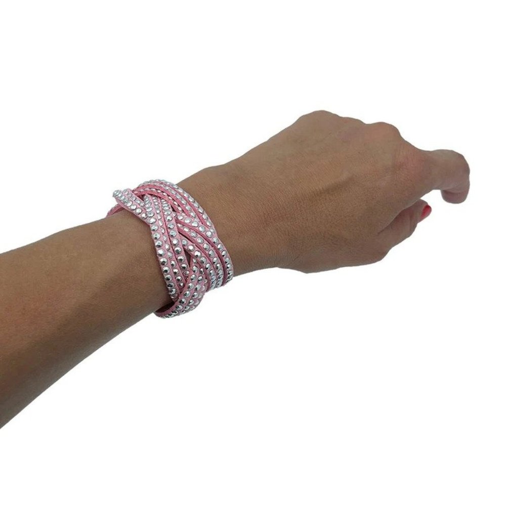 Pink Braided Leather Wrap Bracelet Silver Rhinestones